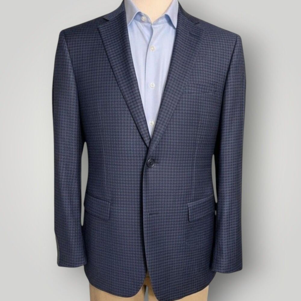 CALVIN KLEIN Mens Blazer Sport Coat 2-Button Jacket 44R Plaid Navy/Blue Wool